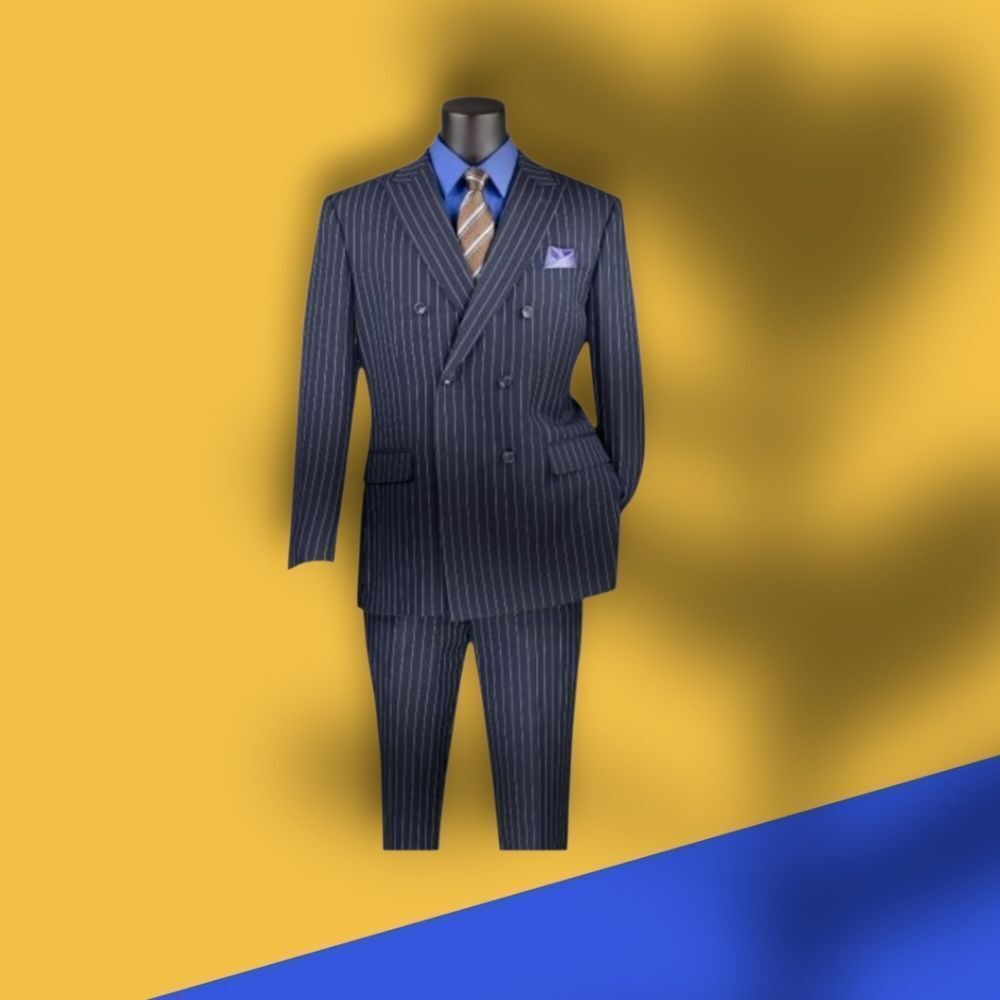 VINCI MENS 2 PIECE DOUBLE BREASTED PINSTRIPE SUIT W/ ADJUSTABLE WAISTBAND F-DSS